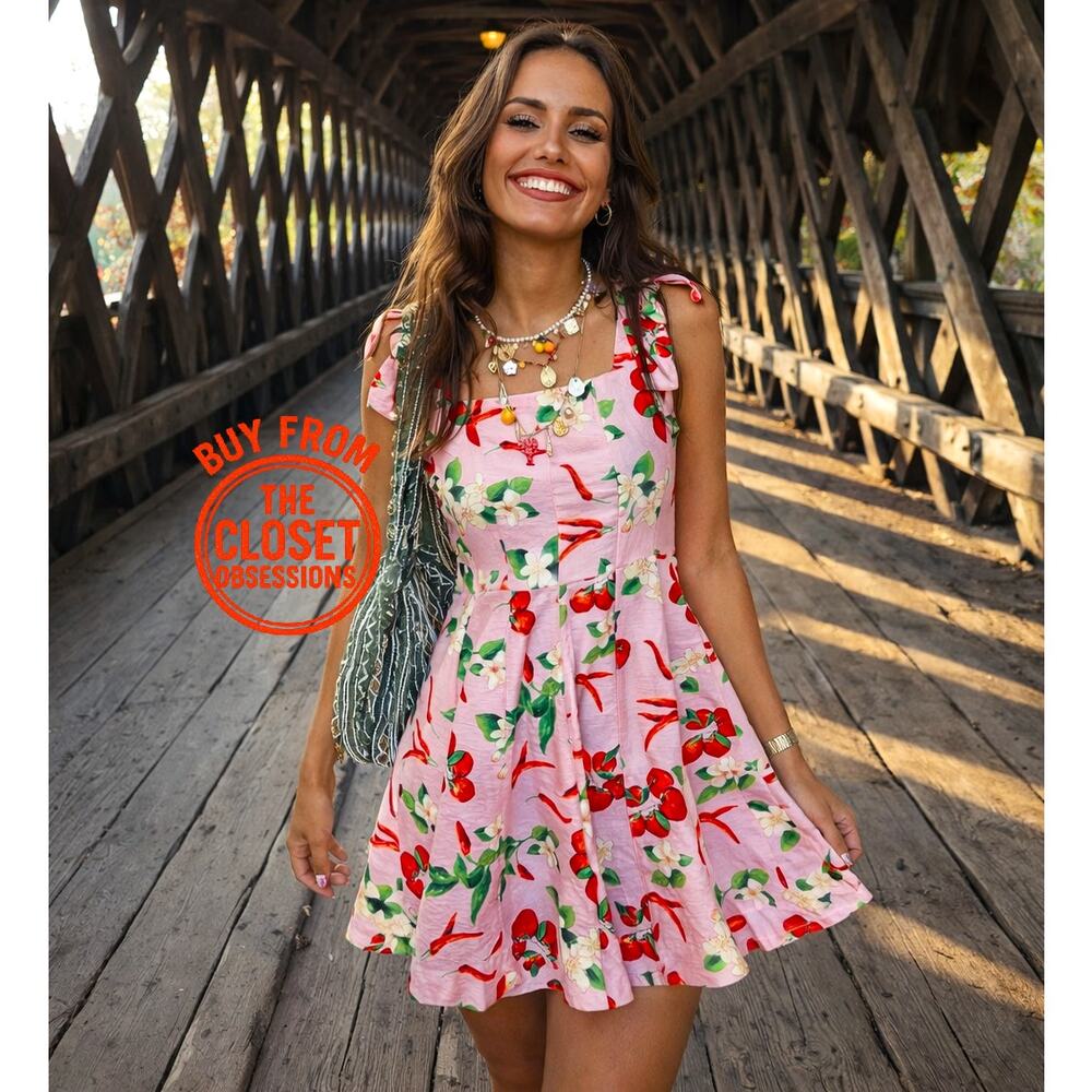 ZARA Pink Cherry Print A-Line Mini Dress NWT | Wide Strap Sundress